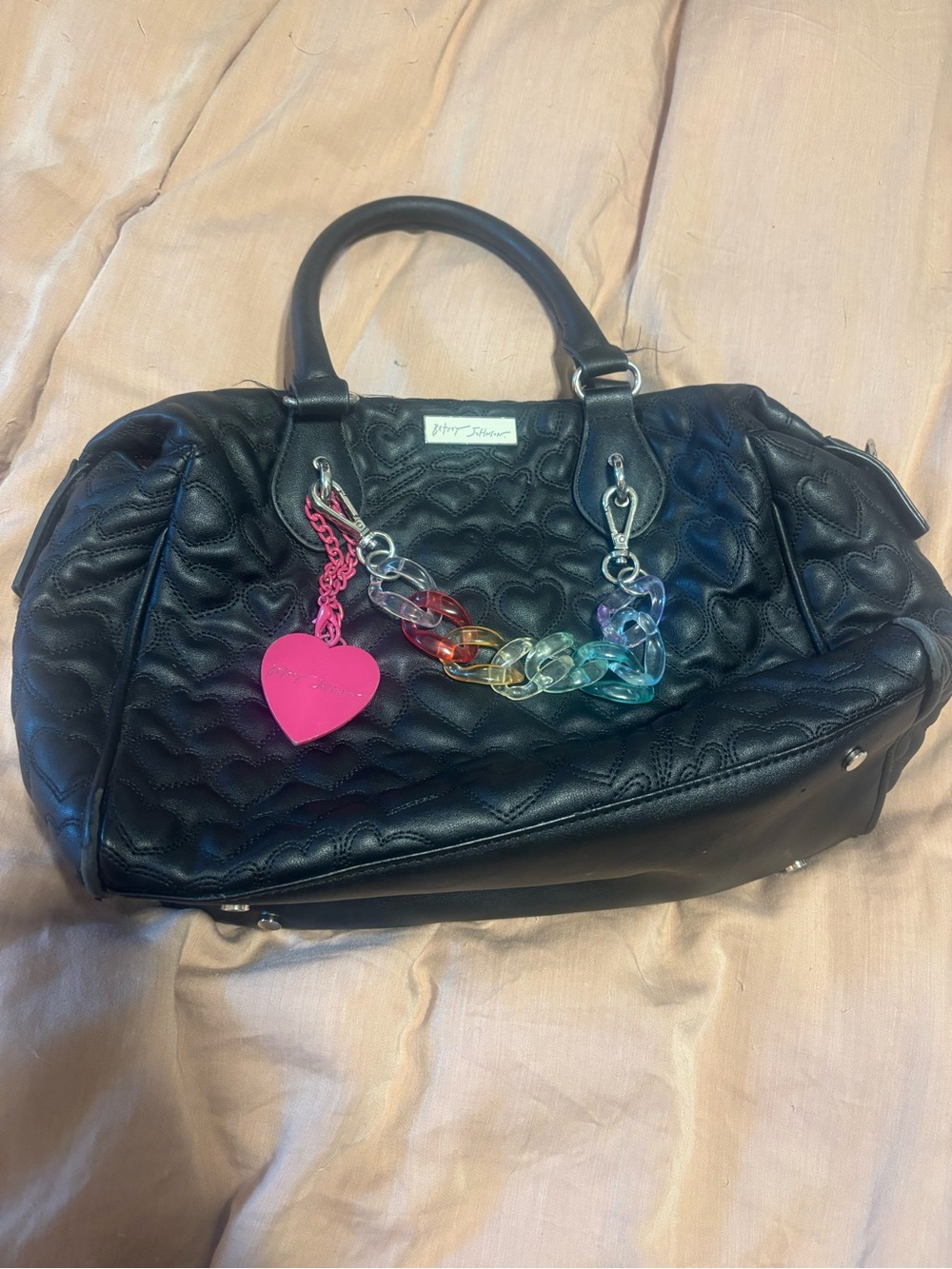 Betsey Johnson Black Quilted Satchel with Rainbow Chain and Pink Heart Charm